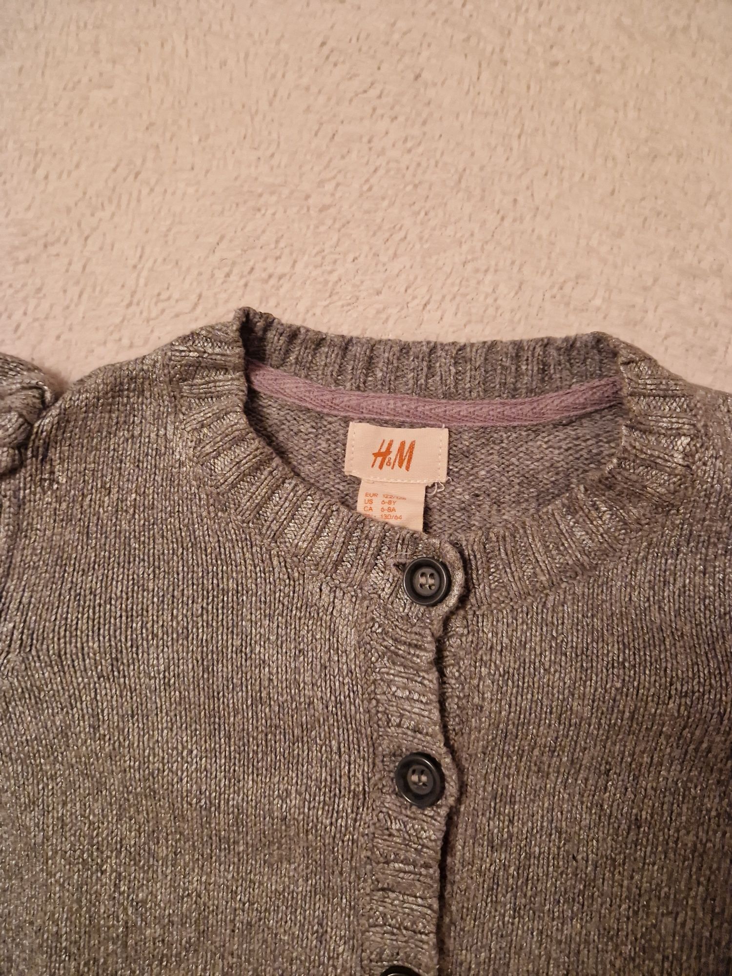 Sweter kardigan dziewczęcy H&M r. 122/128 szary srebrny