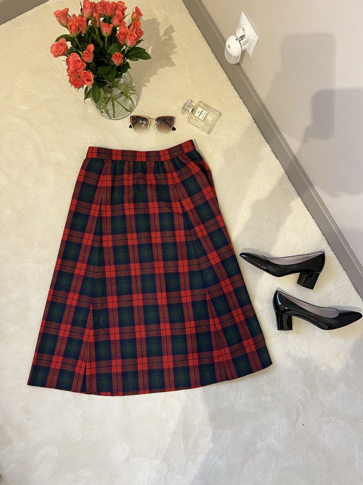 Spódnica midi szkocka krata true wintage wełna len hand made retro