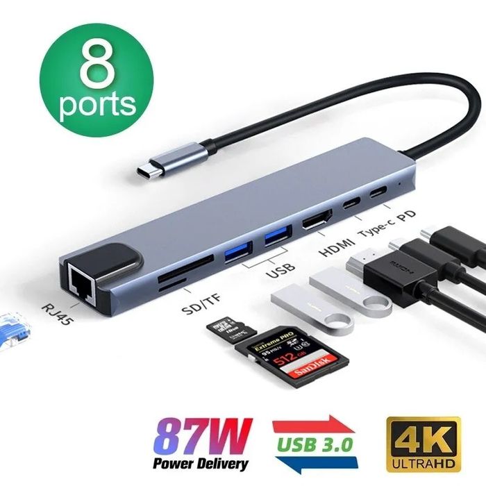 Мультипортова док-станція Hub Type C - HDMI RJ-45 TF 2xUSB 8в1