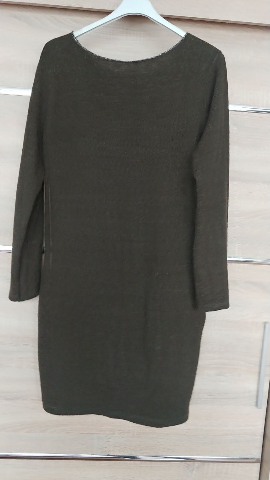 Sukienka tunika swetrowa khaki M L srebrna nitka kieszenie elastyczna