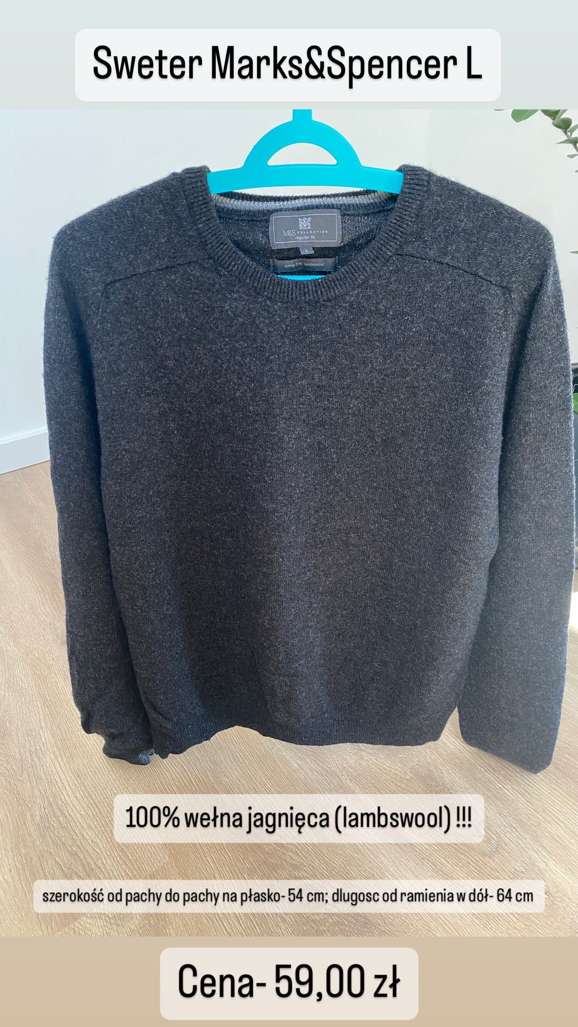 Sweter Marks&Spencer L szary extra fine lambswool wełna jagnięca