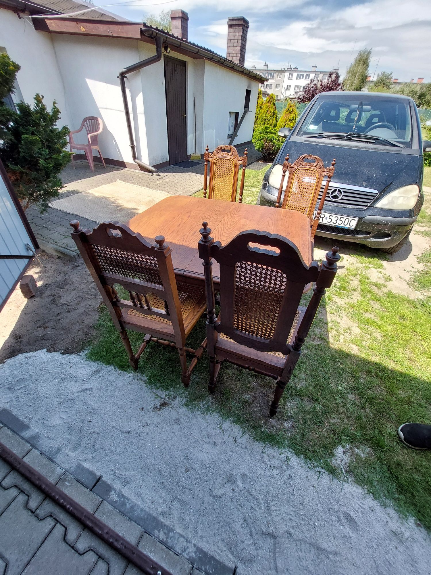 Stół rozkładany Eklektyczny oryginalny+4.krzesła z rafią antyk 55