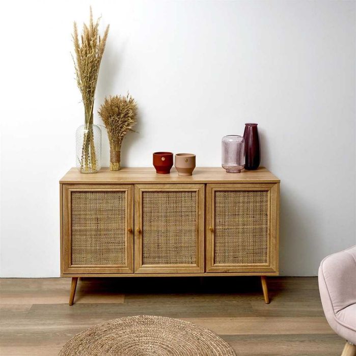 Komoda boho, plecionka, naturalna, do salonu, trzydrzwiowa, rattan dąb