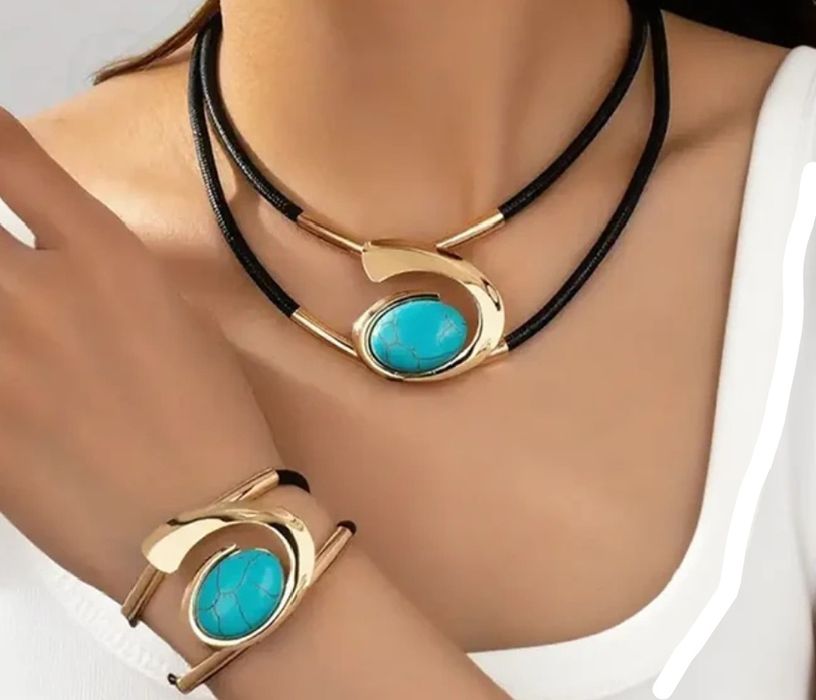 Nowy zestaw naszyjnik plus bransoletka czarno-złoto turkusowy kamień