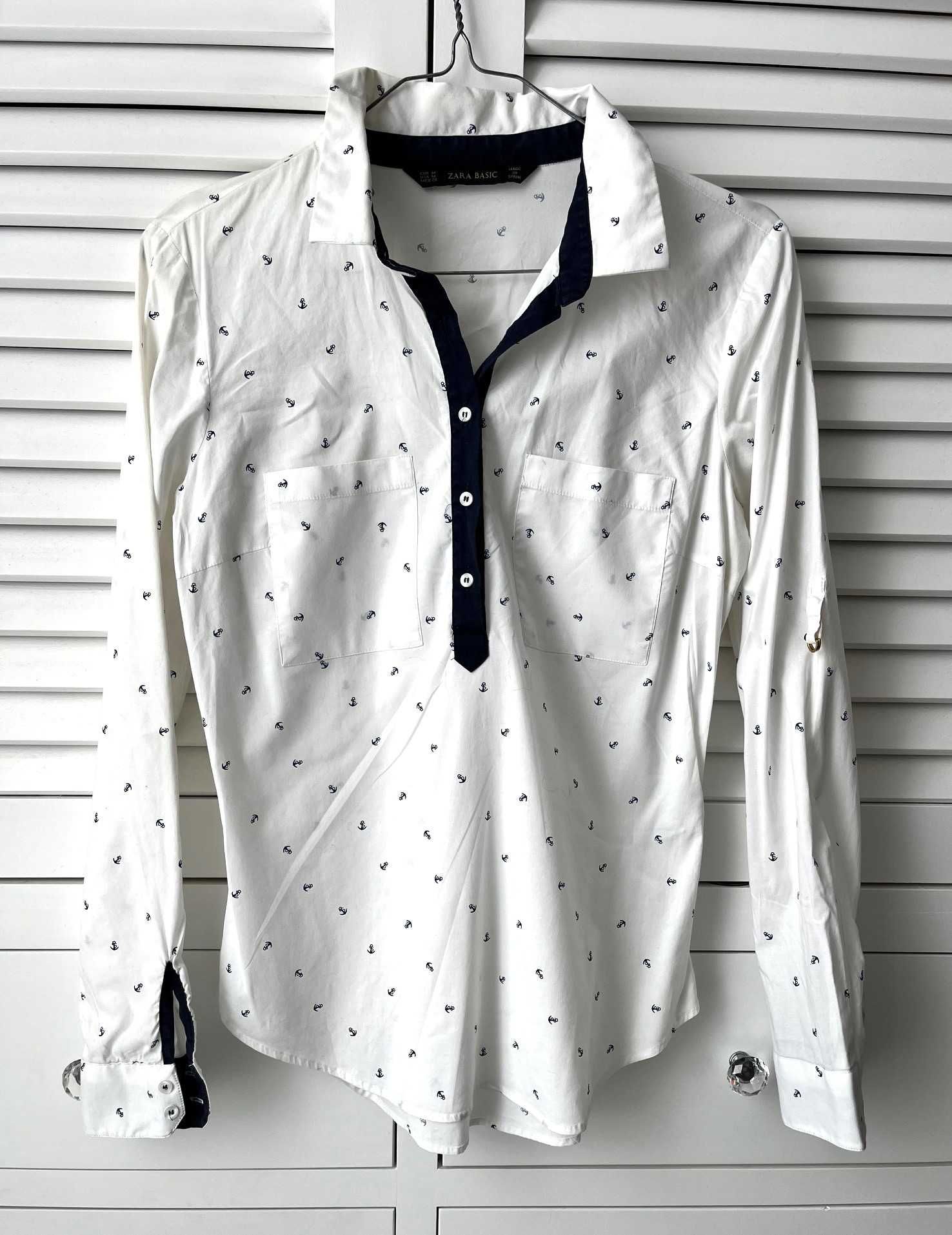 ZARA koszula biała popelinowa print kotwice   r. S M