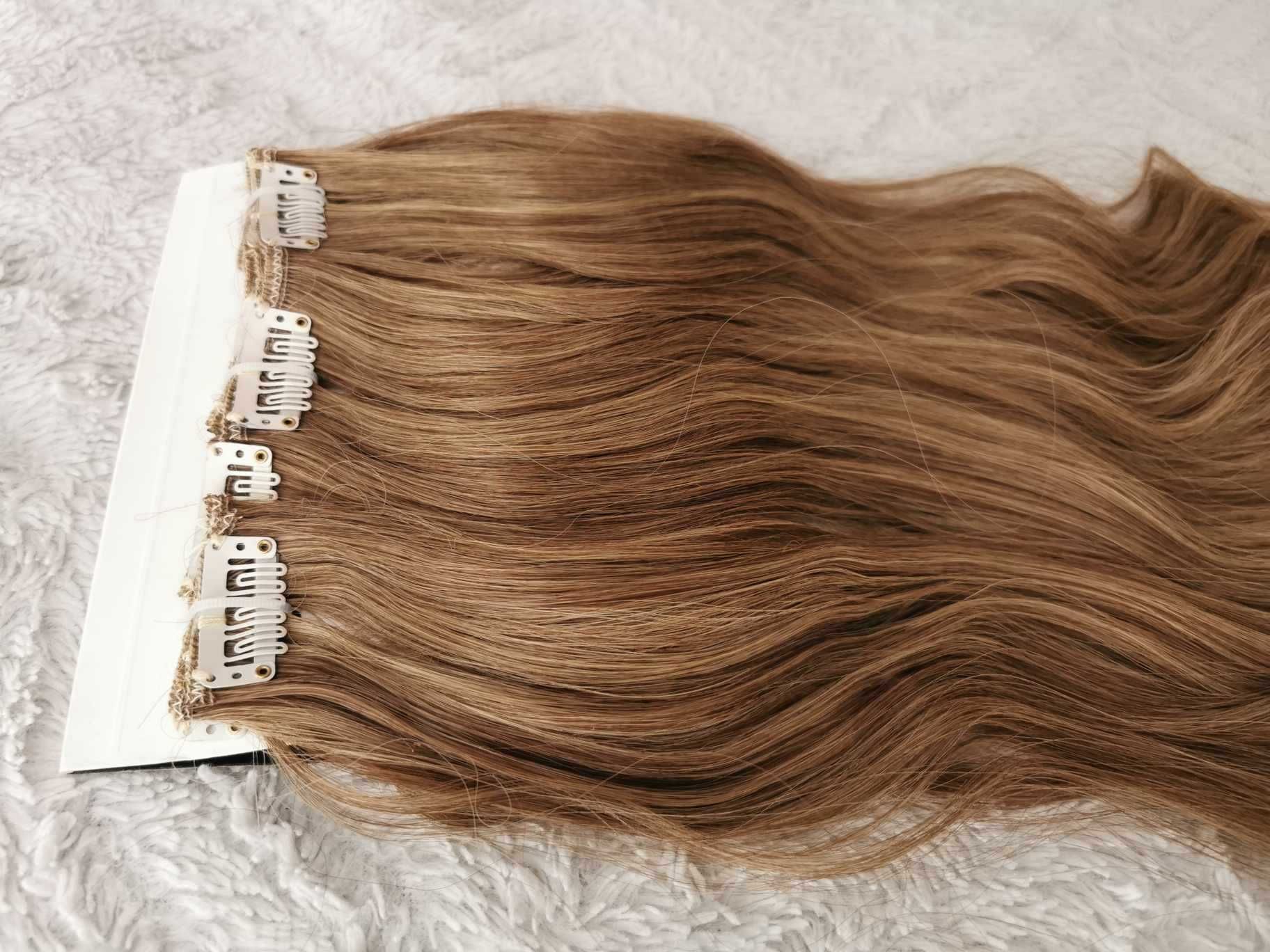 Doczepiane włosy clip in 65 cm pasemka jasny orzechowy brąz