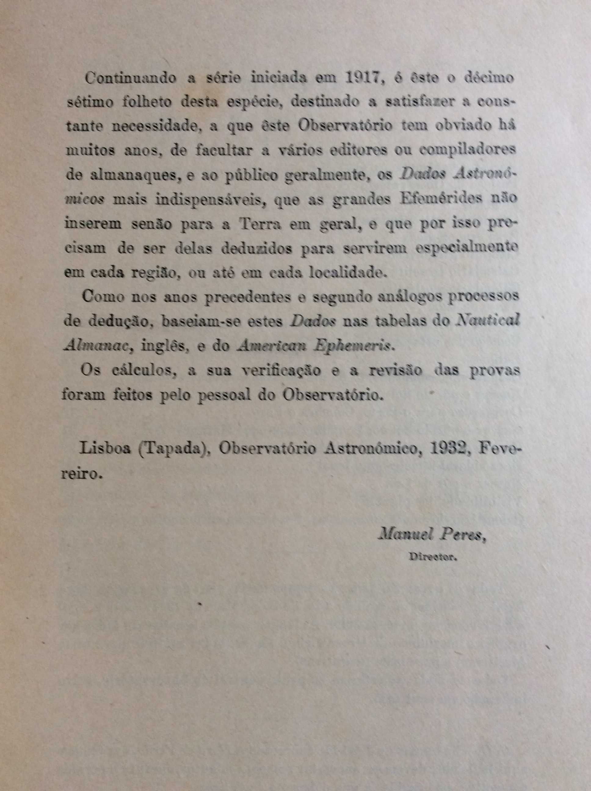 Dados astronómicos para os almanaq. de 1933 para Portugal. Ver índice