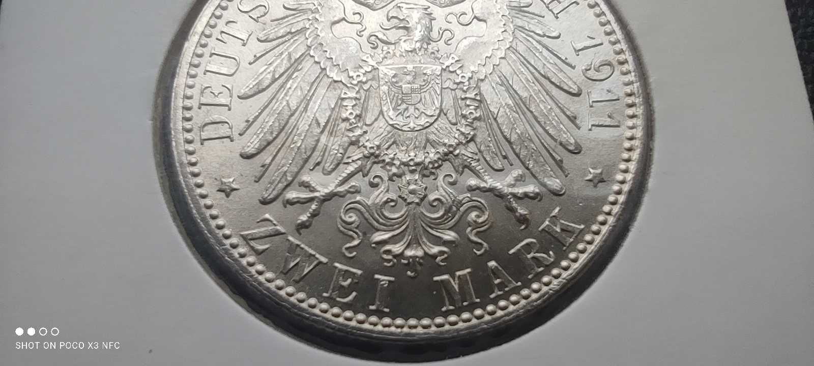 Moneta srebrna Cesarstwo Niemieckie 2 marki 1911 Luitpold rzadka ładna