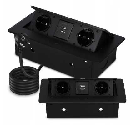 Gniazdo Meblowe Wpuszczane w Blat 2x230V + 2xUSB A CZARNE