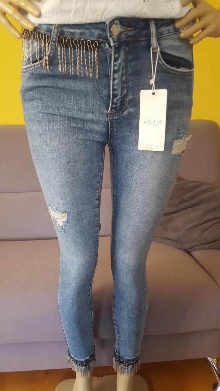 Spodnie jeansowe S, XS, 36, skiny, frędzle modne ładne