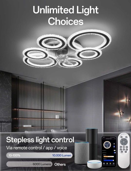 Kryształowy wentylator sufitowy LED z pilotem, ściemniany, elegancki