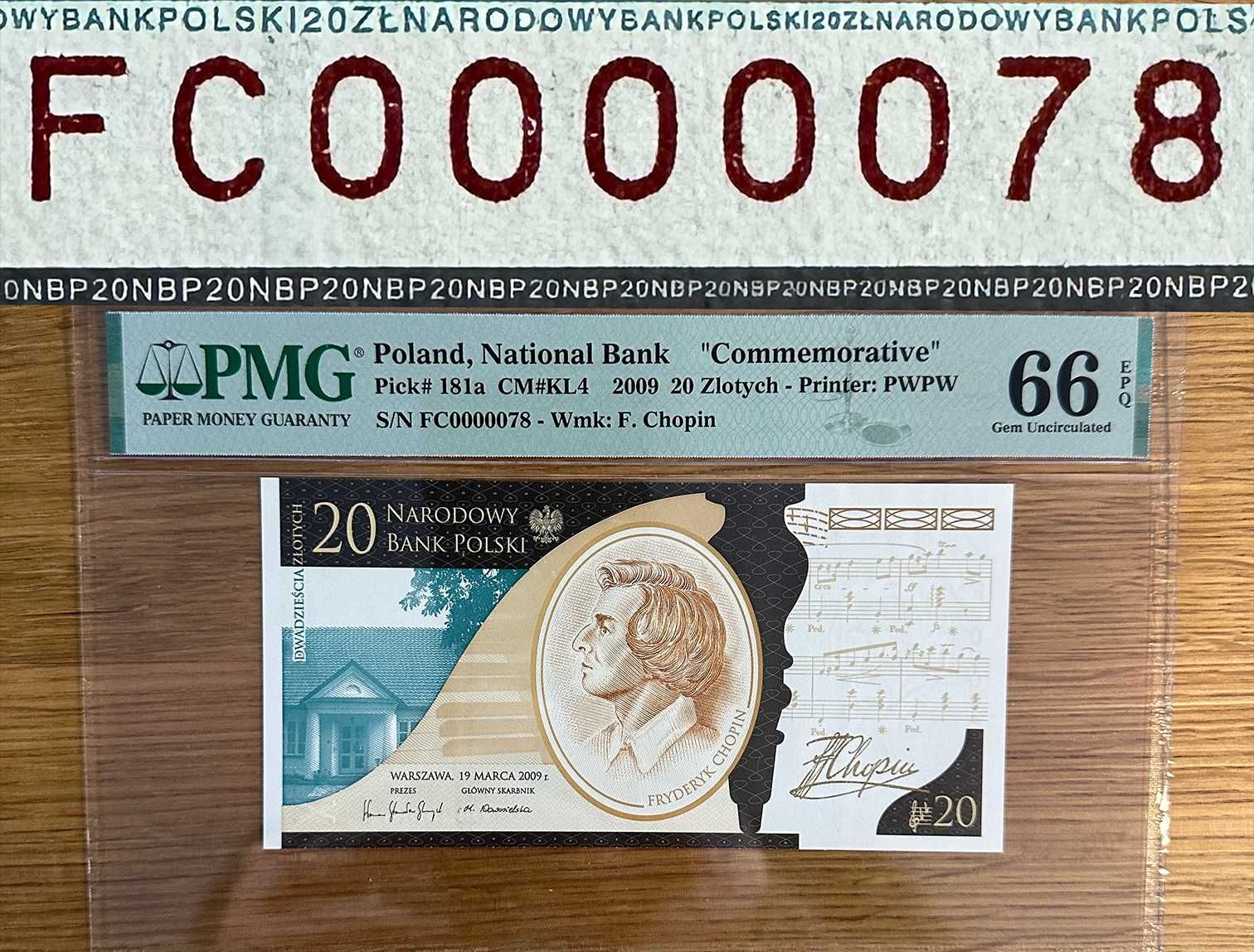 20 zł Chopin nr.78 dwucyfrowy ultra niski numer PMG 66 banknot 2010