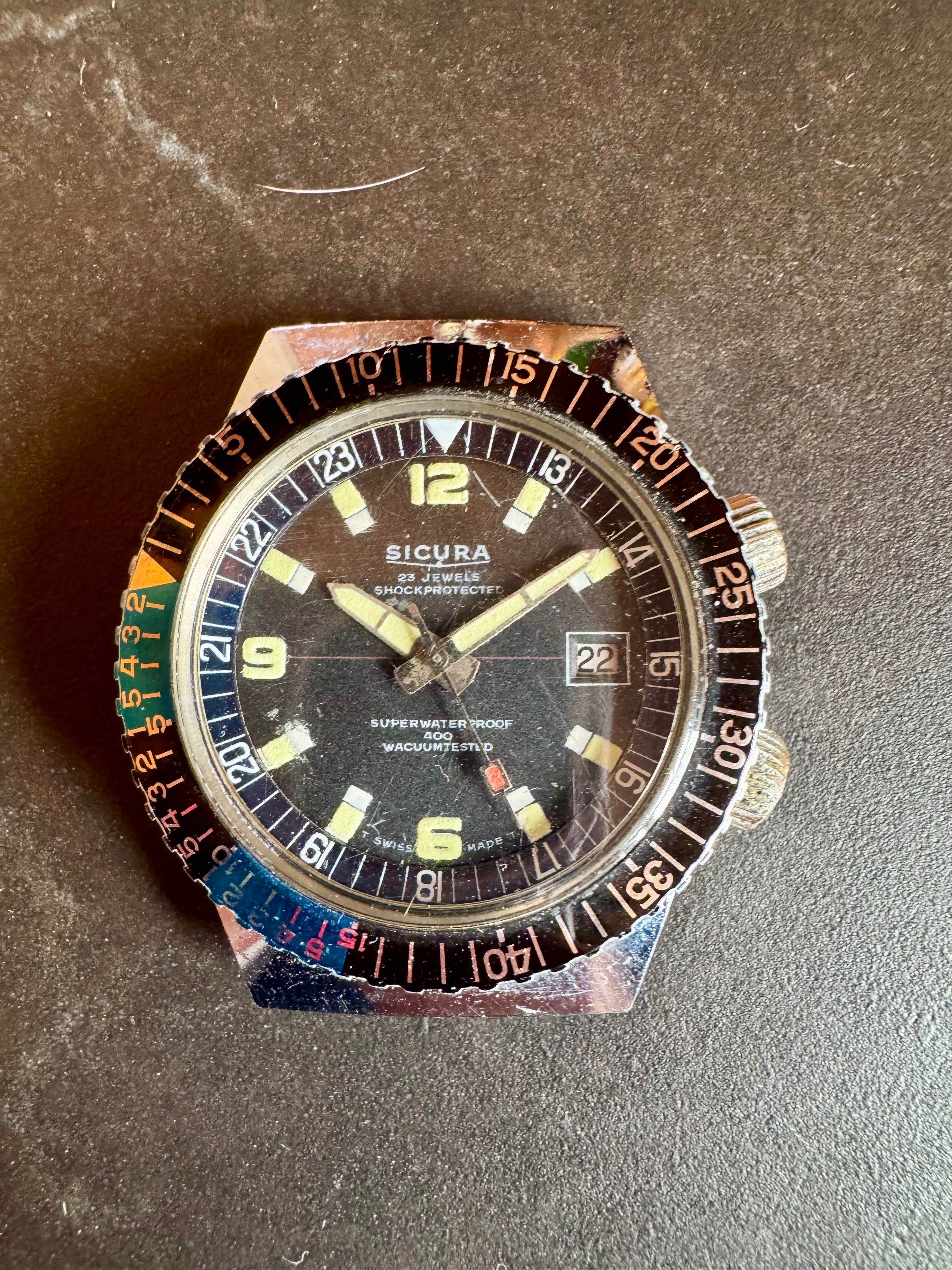 Zegarek Sicura Superwaterproof 400 – vintage 1968/69  40 mm do naprawy