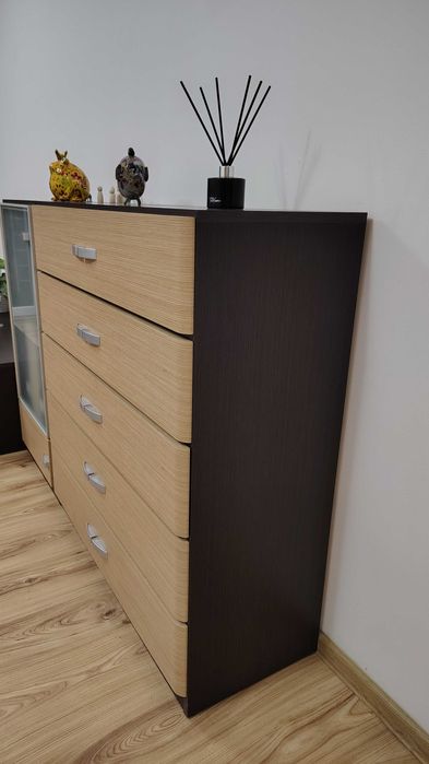 DUŻY ZESTAW MEBLI SALONOWYCH wenge/jasne drewno (Komoda, Witryna, RTV)