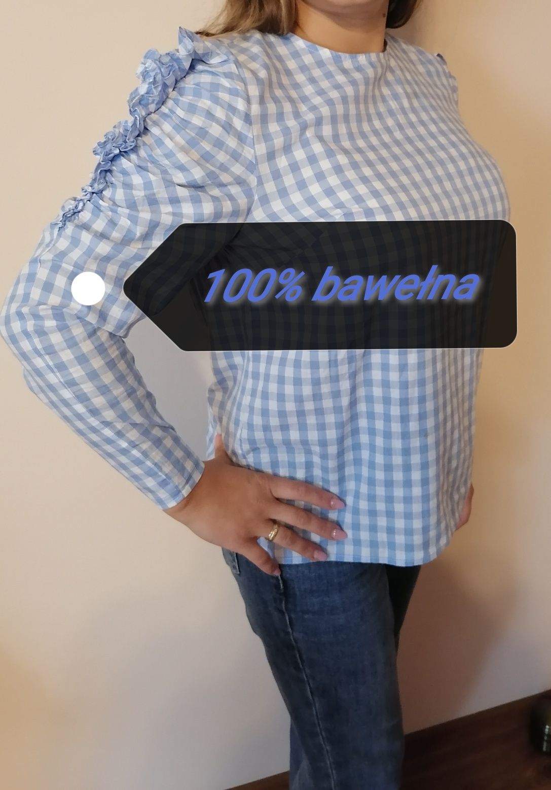 H&M 100% bawełna śliczna bluzka z długim ozdobnym rękawem biało błękit