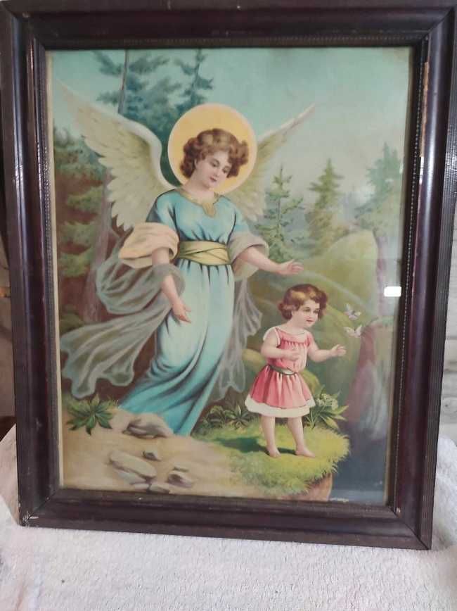 Przedwojenny obraz,oleodruk Anioł Stróż,pilnuje dziecko