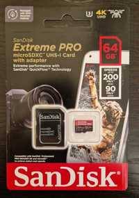 SanDisk 64GB Micro SDXC Extreme Pro V30 UHS-I U3 A2 +SD Adapter - NOVO