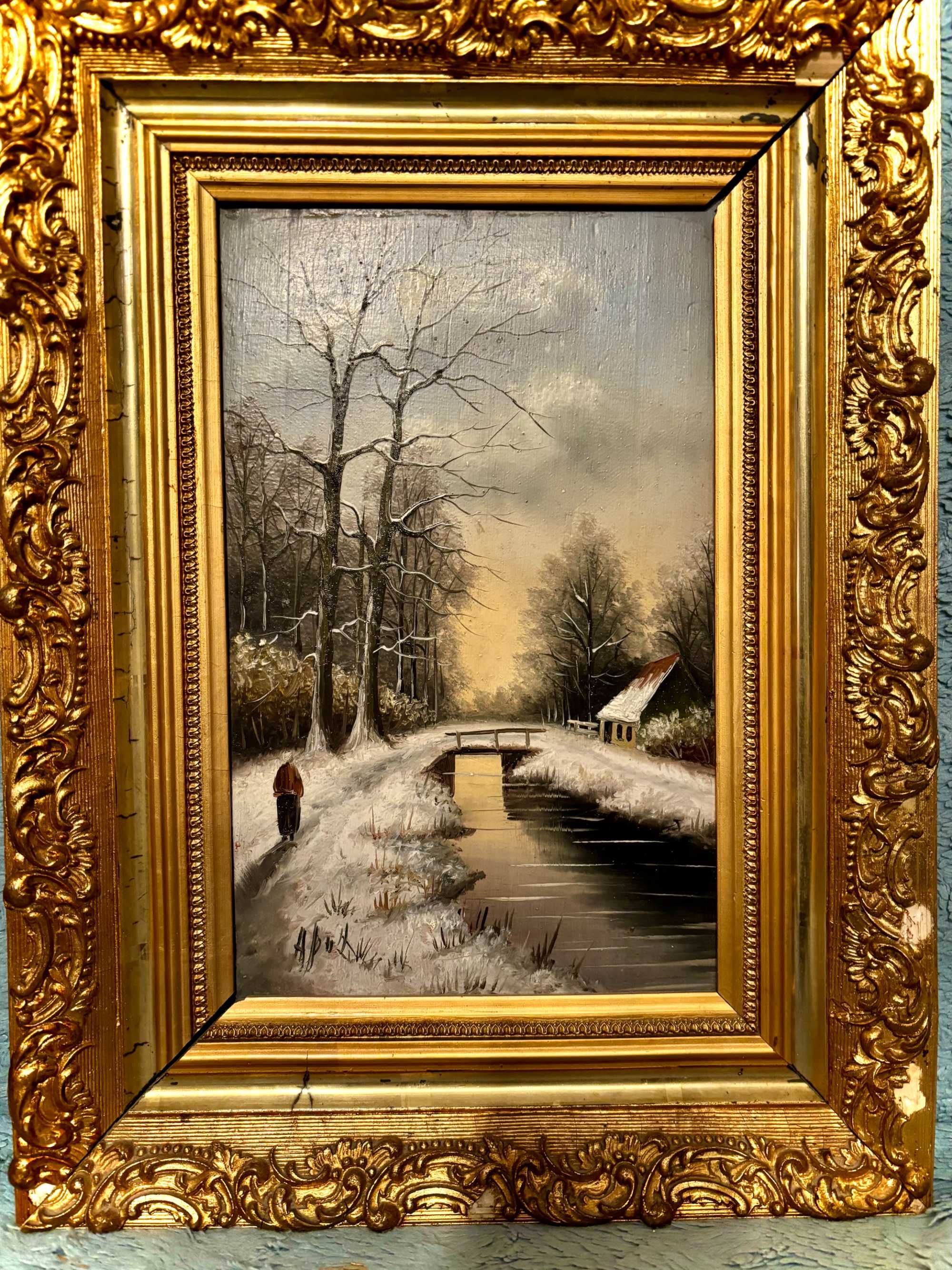 Obraz olejny, Pejzaż zimowy, sygn. Apol (Louis), XIX/XX w.