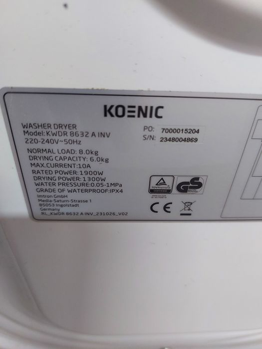 Вузька пральна машина з сушкою 2в1 пралка сушка Koenic 8/6кг