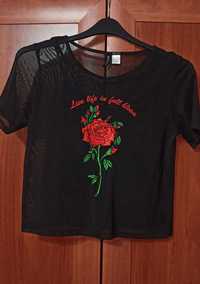 Koszulka T-shirt damski XS z czerwoną różą gotyk, rock, H&M divided