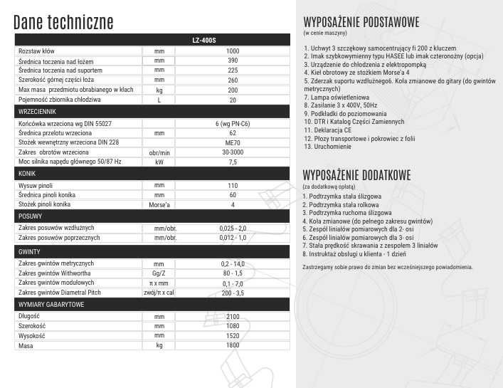 Tokarka uniwersalna LZ 400S x 1000 Polski producent FMT