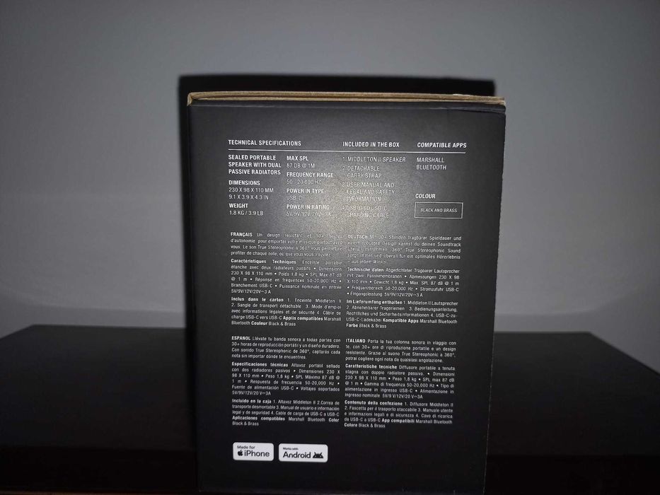 Coluna Bluetooth Marshall Middleton II - Preto (NOVA)