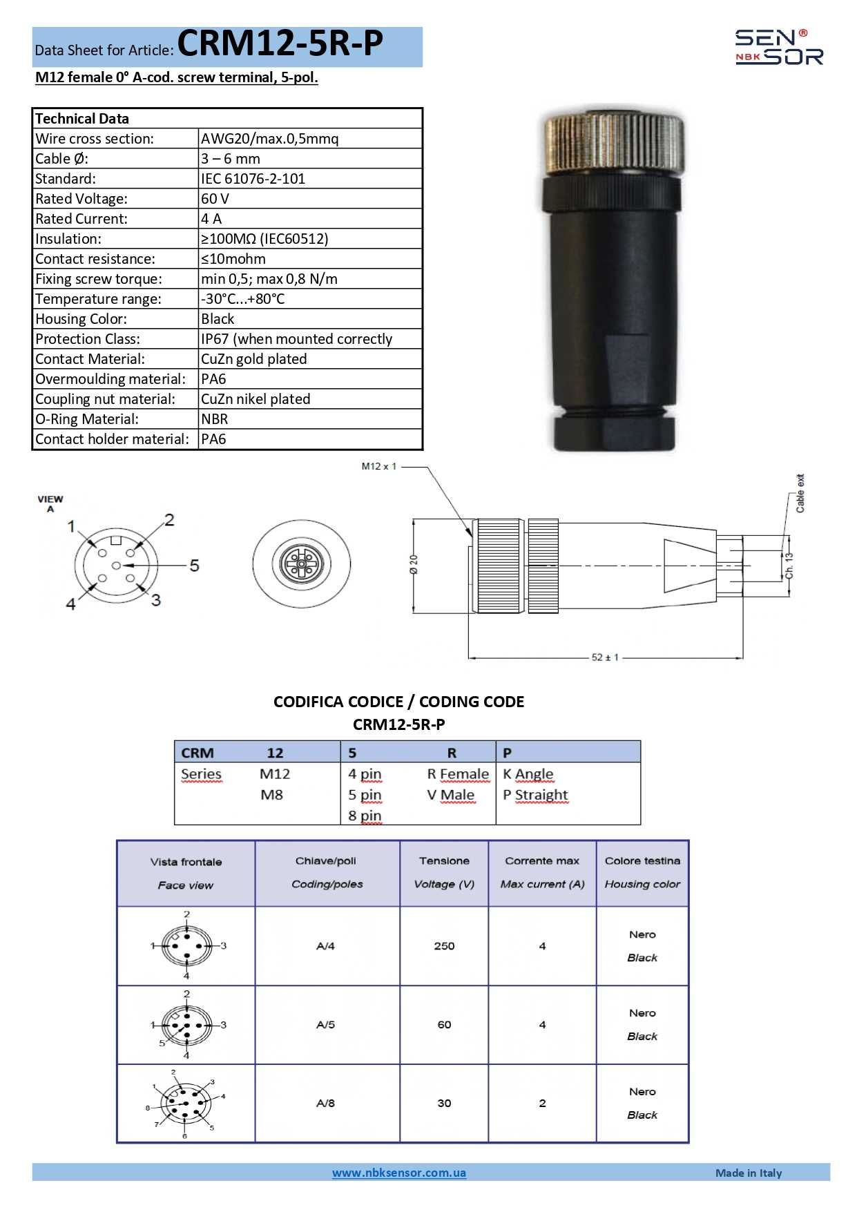 Конектор розбірний M12, 5-pin, CRM12-5R-P Nbk Sensor