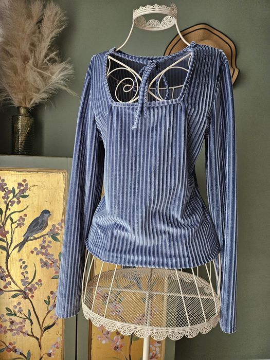 Elegancka Welurowa Bluzka damska Prążki Cut-Out Wiązanie Błękit S/M