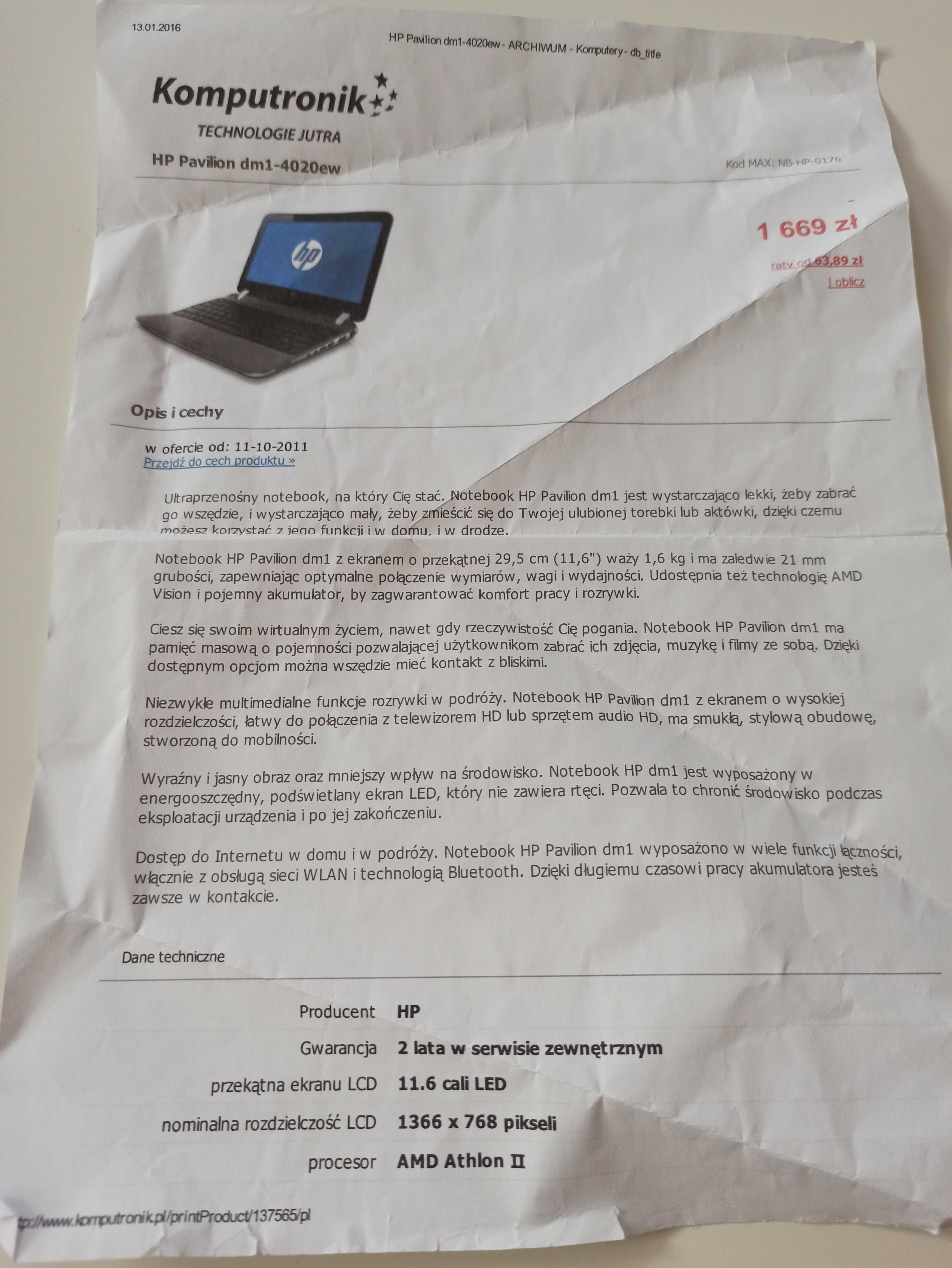 Laptop HP Pavilion dm1-4020ew