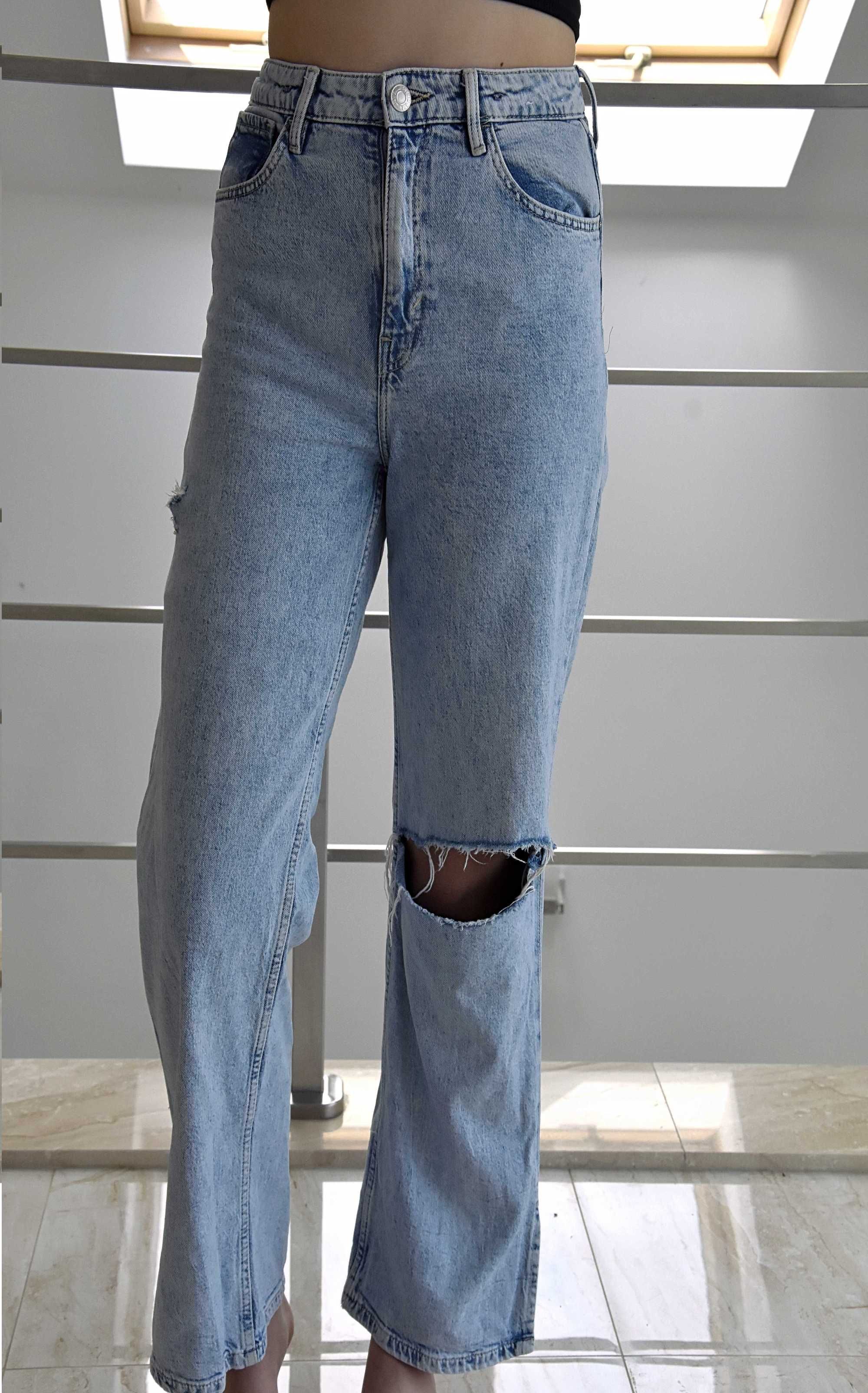 Spodnie jeansy H&M szerokie nogawki wysoki stan dziury 152cm 11-12 lat