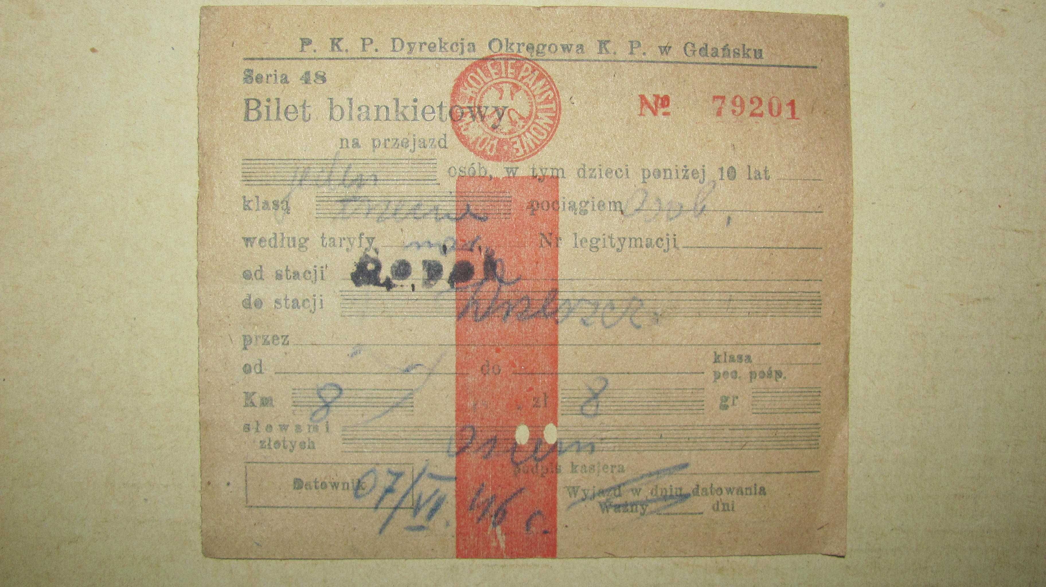 Bilet kolejowy PKP Gdańsk, rok 1946, stan 2/3+