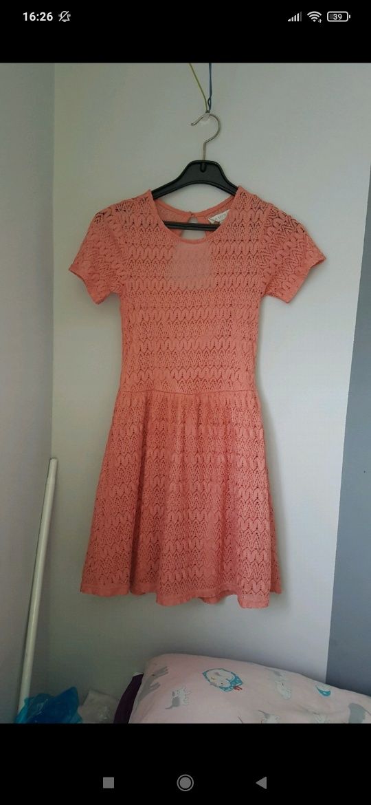 Pomarańczowa sukienka rozkloszowana halter morelowa xs s retro gipiura