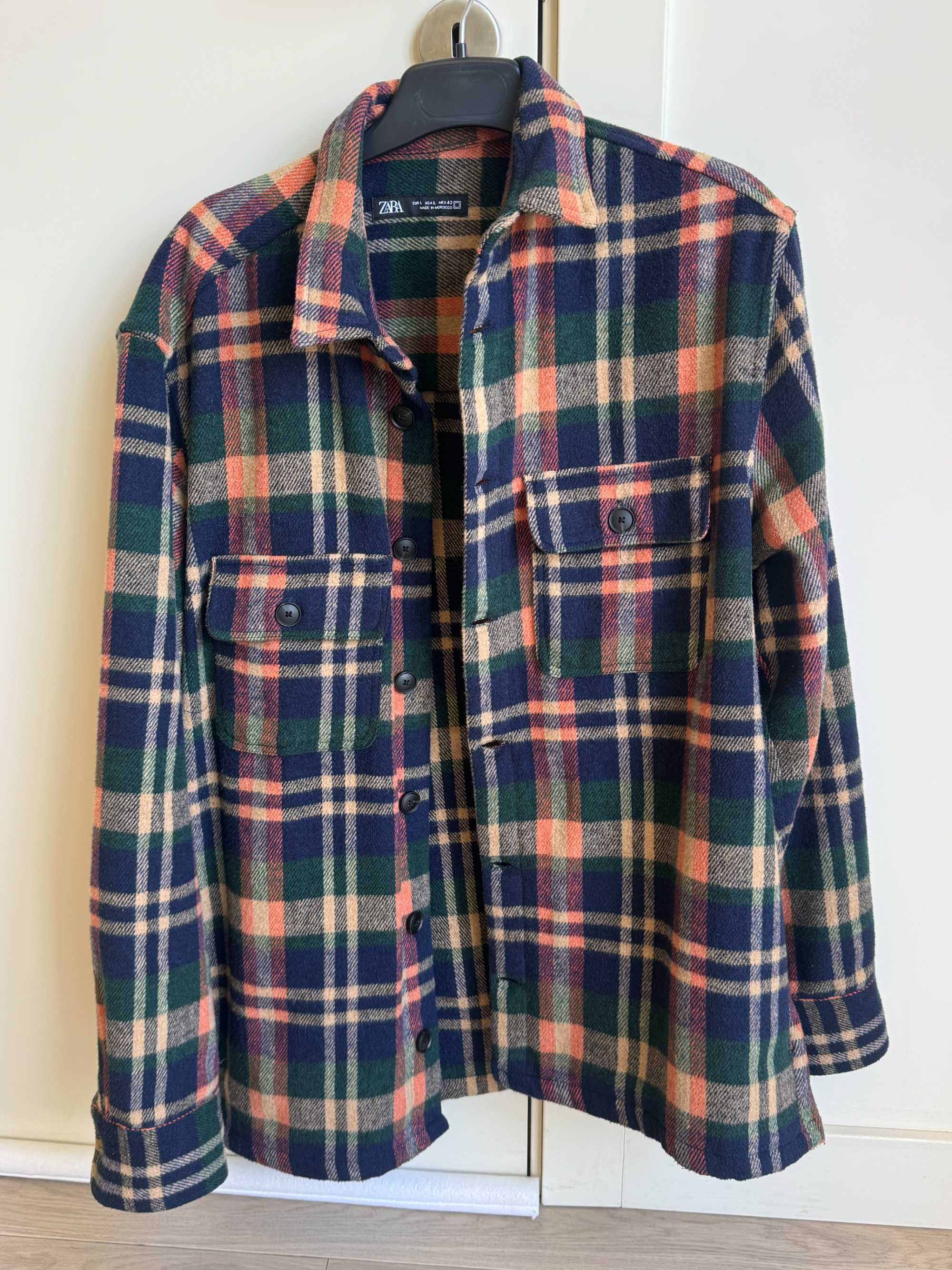 Zara  Jaqueta camisa flanela masculina laranja / verde / azul xadrez