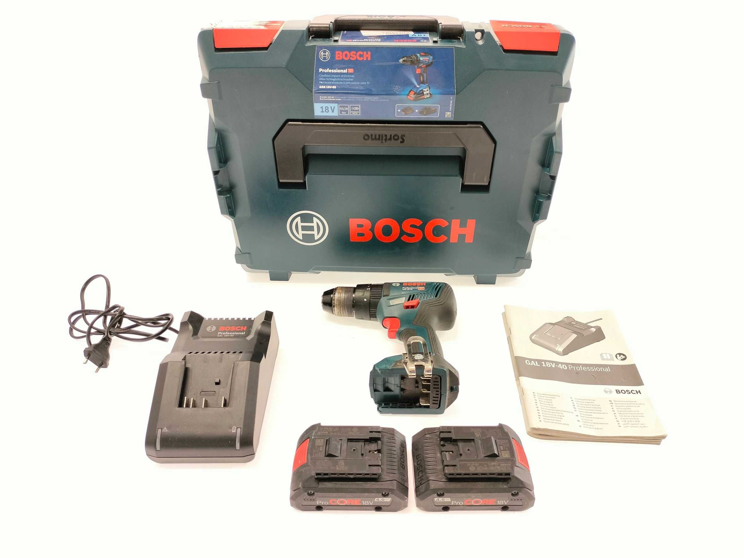 Bosch GSB 18V-55 wkrętarka zasilanie akumulatorowe baterie 2x 4.0 Ah