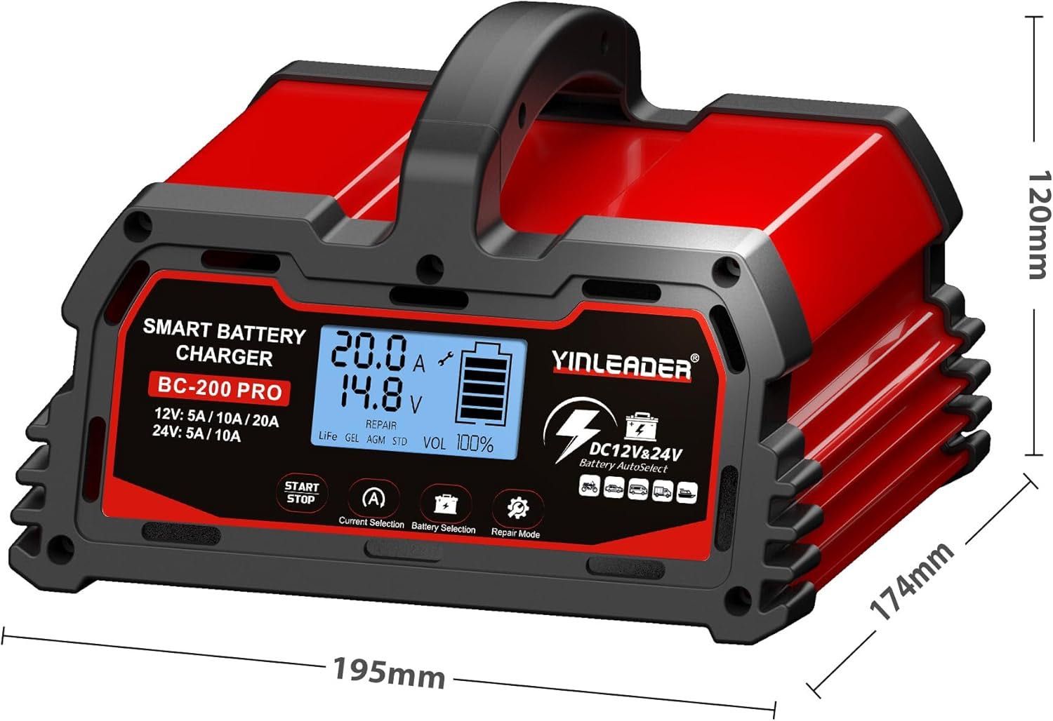 Inteligentna ładowarka samochodowa 12V/24V 20A z LCD do akumulatorów