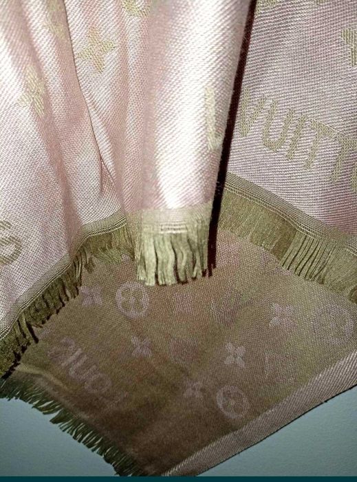 LV dwustronny szal szalik beżowo różowy 50% jedwab 50% kaszmir