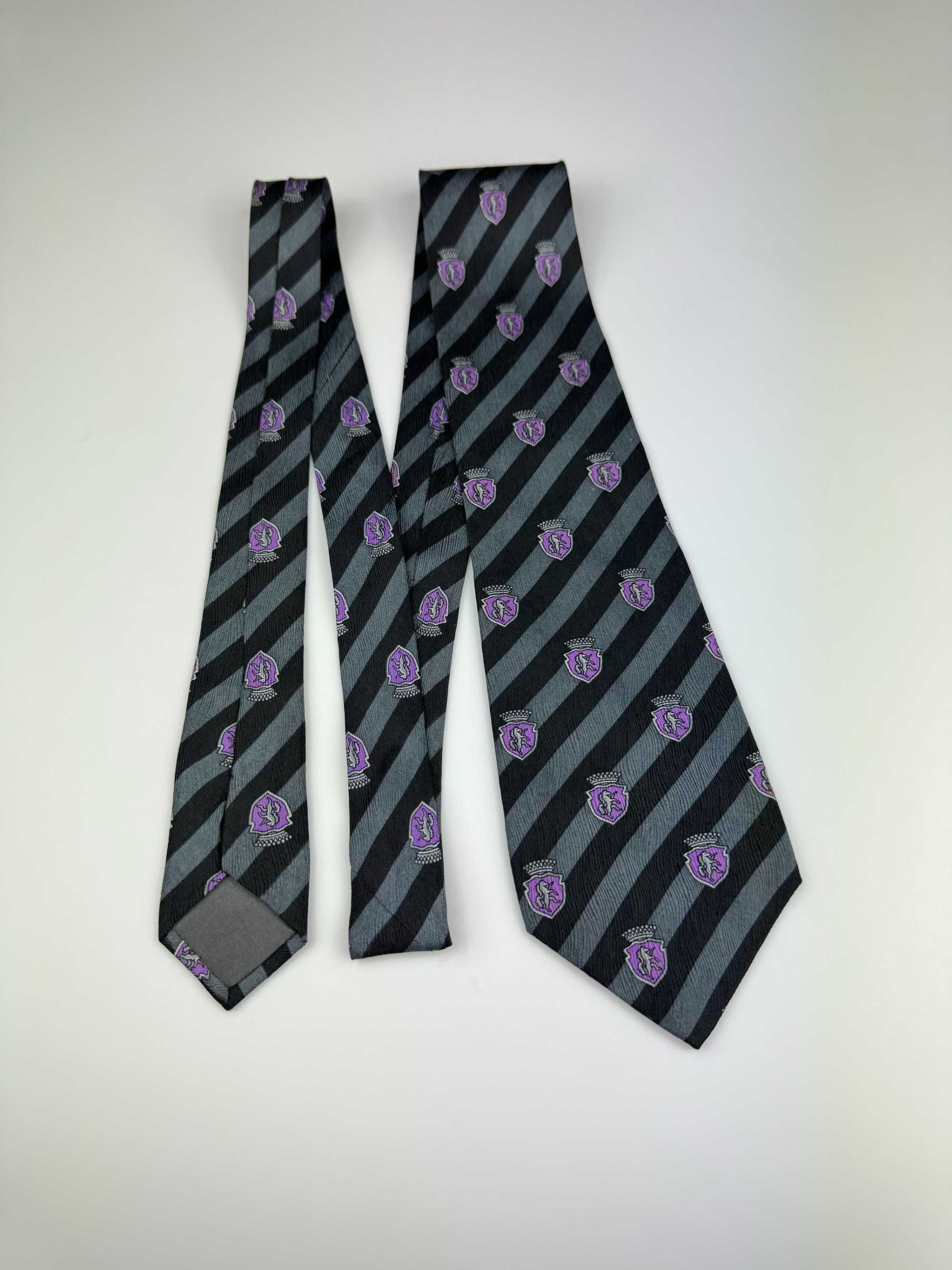 Trussardi szary jedwabny krawat w paski herby m25