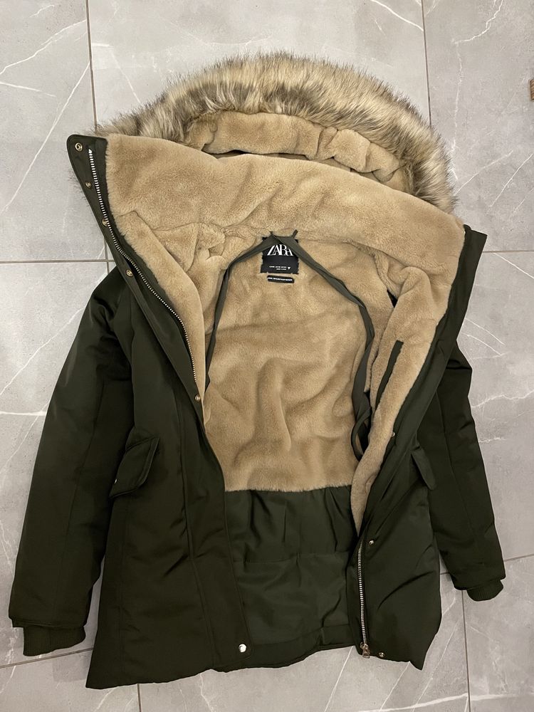 Zara kurtka zimowa parka miś futerko M 38 khaki płaszcz