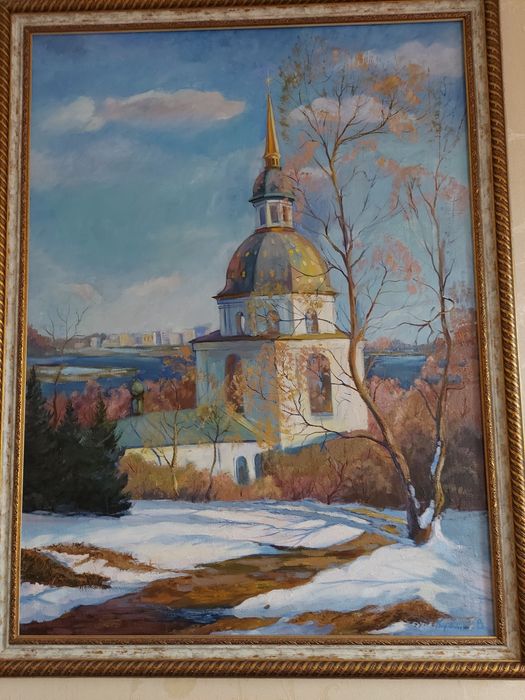 Картина маслом,,холст пейзаж"Весна"  Коркишко В.А. 2000г, 102 ×76,храм