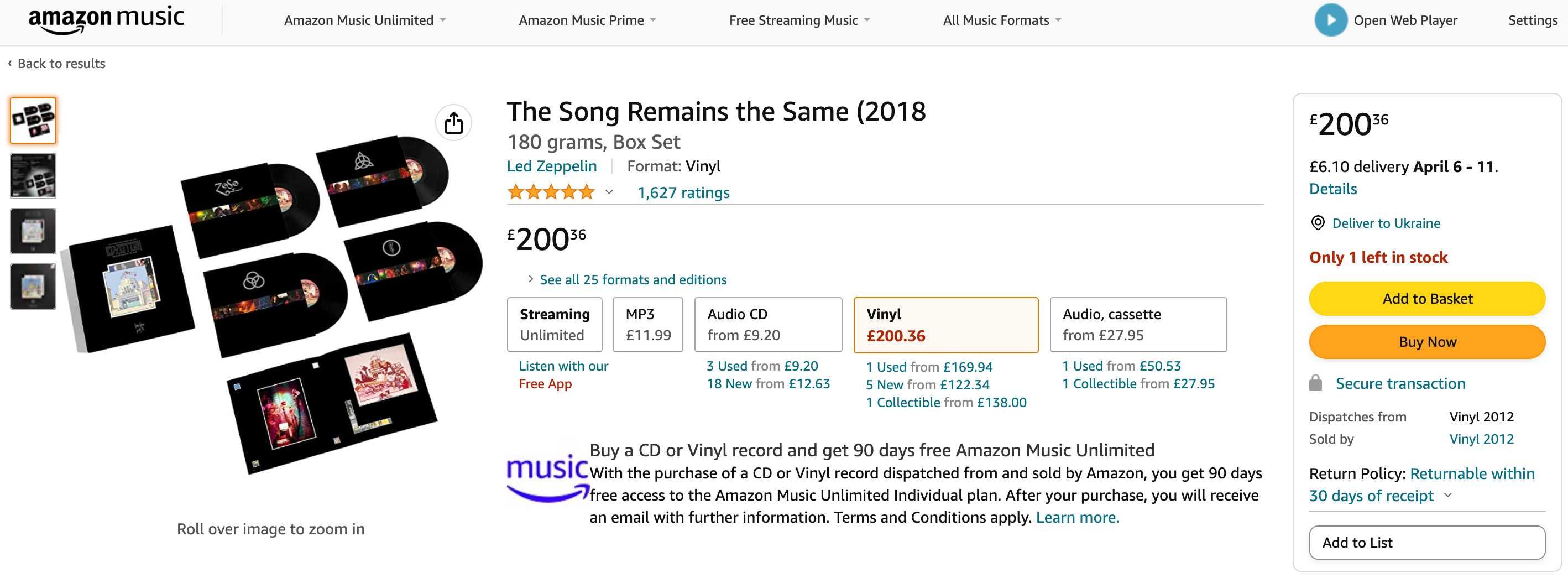 LP Led Zeppelin Limited Edition Song Remains The Same