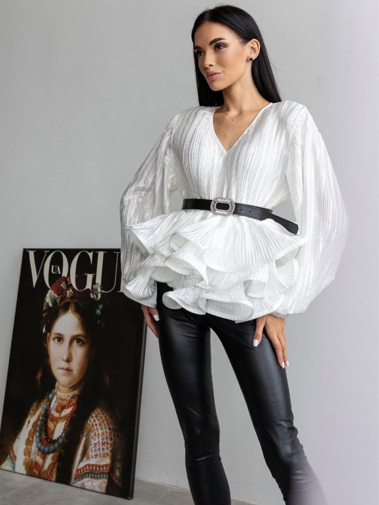 Блуза біла пишна, шифон, святкова блуза з пояском