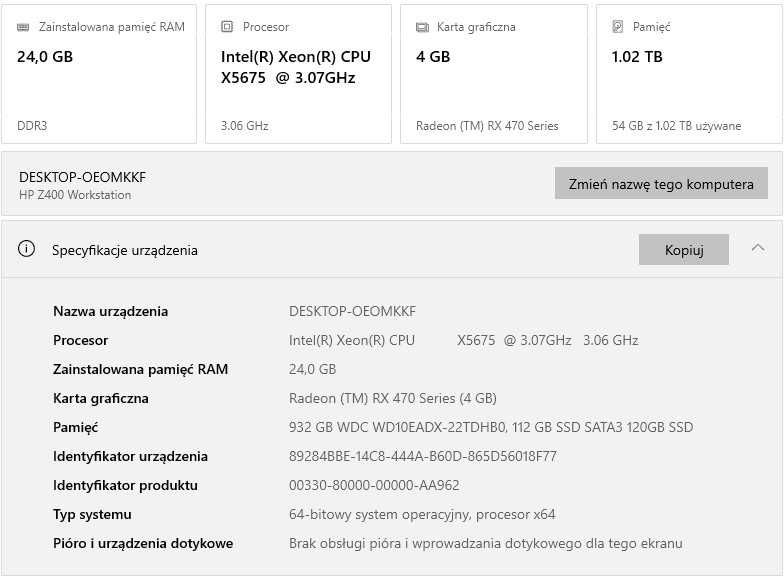 Komputer do grania i do pracy HP Z400. RX 470 4gb, SSD+HDD 1TB