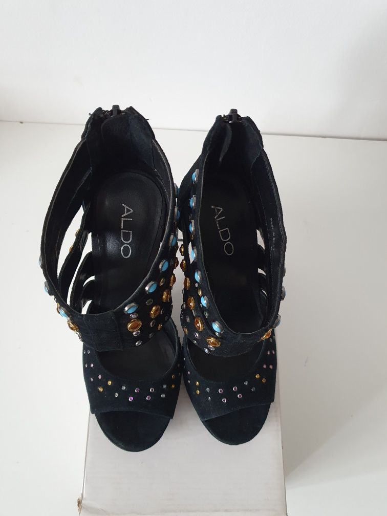 Buty Aldo 38 szpilki sandałki czarne z kamieniami zamsz skóra Guess