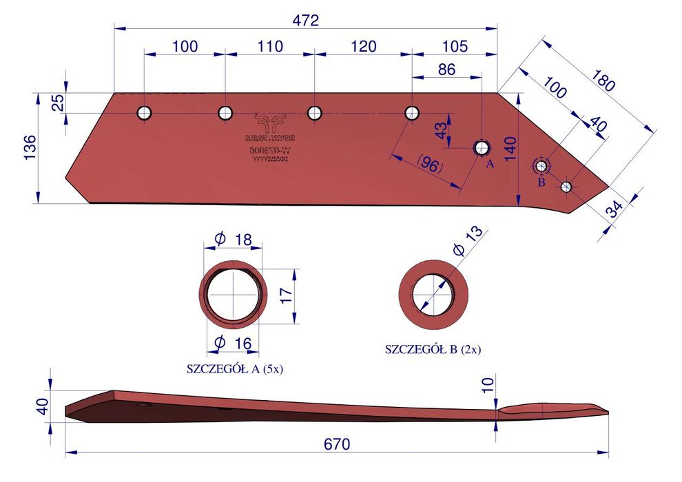 Kverneland Eurolemiesz, prawy 18cali 073006 stal borowa, Lemiesz