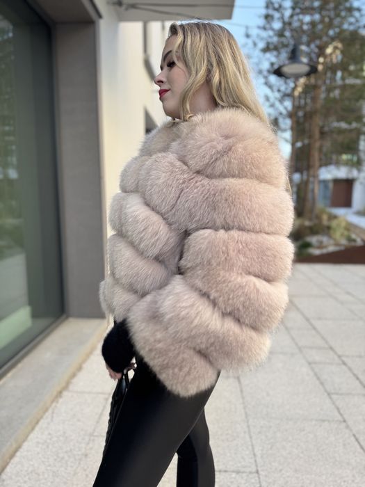 Futro naturalne z lisa pudrowy róż s 36 Mega gęste 2 w 1 krótkie