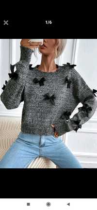 Nowy sweter damski oversize z kokardkami grafitowy szary