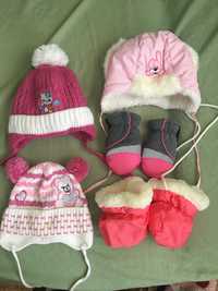 Зимние шапки и рукавички на девочку 1-2-3 годика.