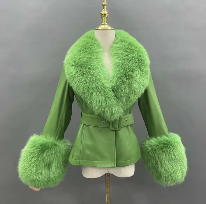 Kurtka damska zielona płaszcz skórzany futro naturalne lis jenot