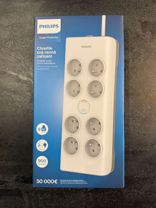 NOWY Przedłużacz Sieciowy PHILIPS listwa zasilająca 8 gniazd 2M biały