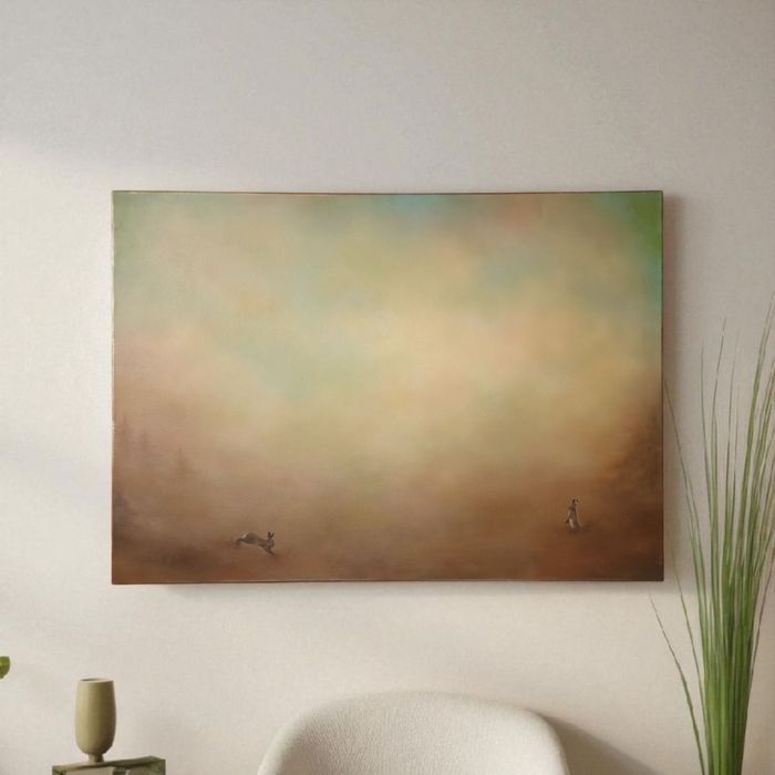 Piękny minimalistyczny obraz olejny Zające do salonu w ciepłych tonach